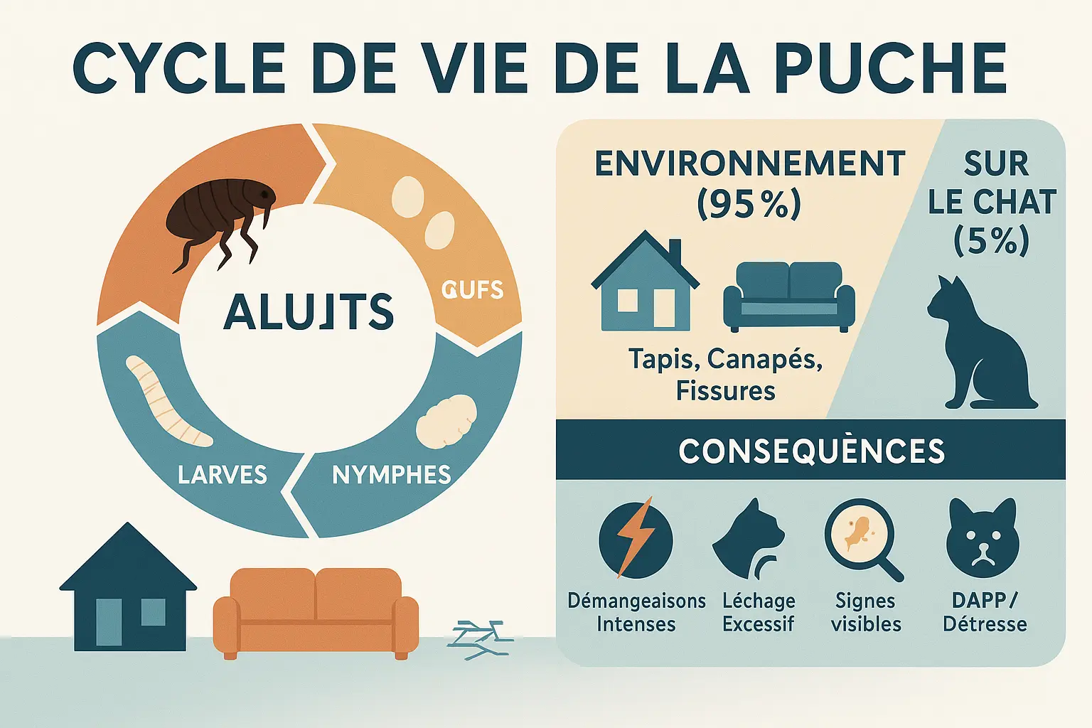 Cycle de vie de la puce et infestation dans l'habitat du chat