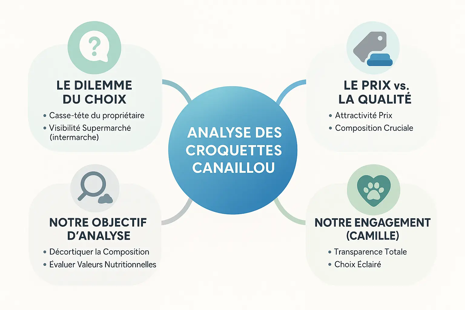 <strong>Diagramme d&rsquo;analyse des croquettes Canaillou</strong>« ></p>
<p>Les croquettes chat Canaillou séduisent par leur prix bas et leur disponibilité. Pourtant, leur composition soulève des <strong>doutes quant à leur qualité nutritionnelle</strong>.</p>
<p>La gamme <em>Sans céréales (volaille)</em> propose 40 % de protéines brutes (43,5 % sur masse sèche) et 17 % de graisses, un profil alléchant pour un carnivore. Cependant, les cendres (7,5 %), le calcium (1,5 %) et le phosphore (1,1 %) <strong>dépassent les seuils recommandés, augmentant les risques de problèmes rénaux</strong>. Les glucides estimés à 24,5 % restent élevés pour un félin métaboliquement axé sur les protéines.</p>
<p>Les atouts résident dans l’absence de céréales, colorants artificiels ou arômes ajoutés, avec 20 % de volaille fraîche. En revanche, les pommes de terre et pois peuvent irriter les chats intolérants. La version <em>Volaille et légumes avec céréales</em> est <strong>mal notée (34/100)</strong> avec 30 % de protéines et du blé en tête de liste.</p>
<p>En résumé, <strong>les croquettes Canaillou sont économiques mais imparfaites</strong>. Optez pour des alternatives équilibrant minéraux et transparence, surtout pour les chats vulnérables. Un avis vétérinaire reste conseillé pour ajuster l’alimentation. </p>
<h2 id=