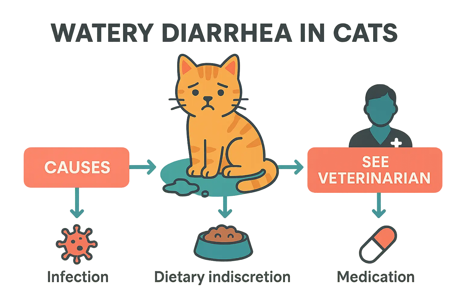 Chat montrant des signes de <strong>fatigue et de déshydratation liés à une diarrhée liquide</strong>« ></p>
<p>Une <strong>diarrhée aqueuse chez le chat est une urgence</strong>. Elle traduit une déshydratation rapide, une intoxication ou une infection grave (comme le typhus). Chez un chaton, elle peut être fatale en 24h. Chez un adulte, elle masque souvent une cause sous-jacente : produit toxique, parasite ou atteinte hépatique.</p>
<h3 id=