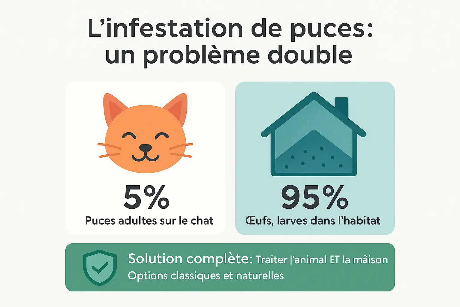 Repartition des puces : 5% sur le chat, 95% dans l'habitat