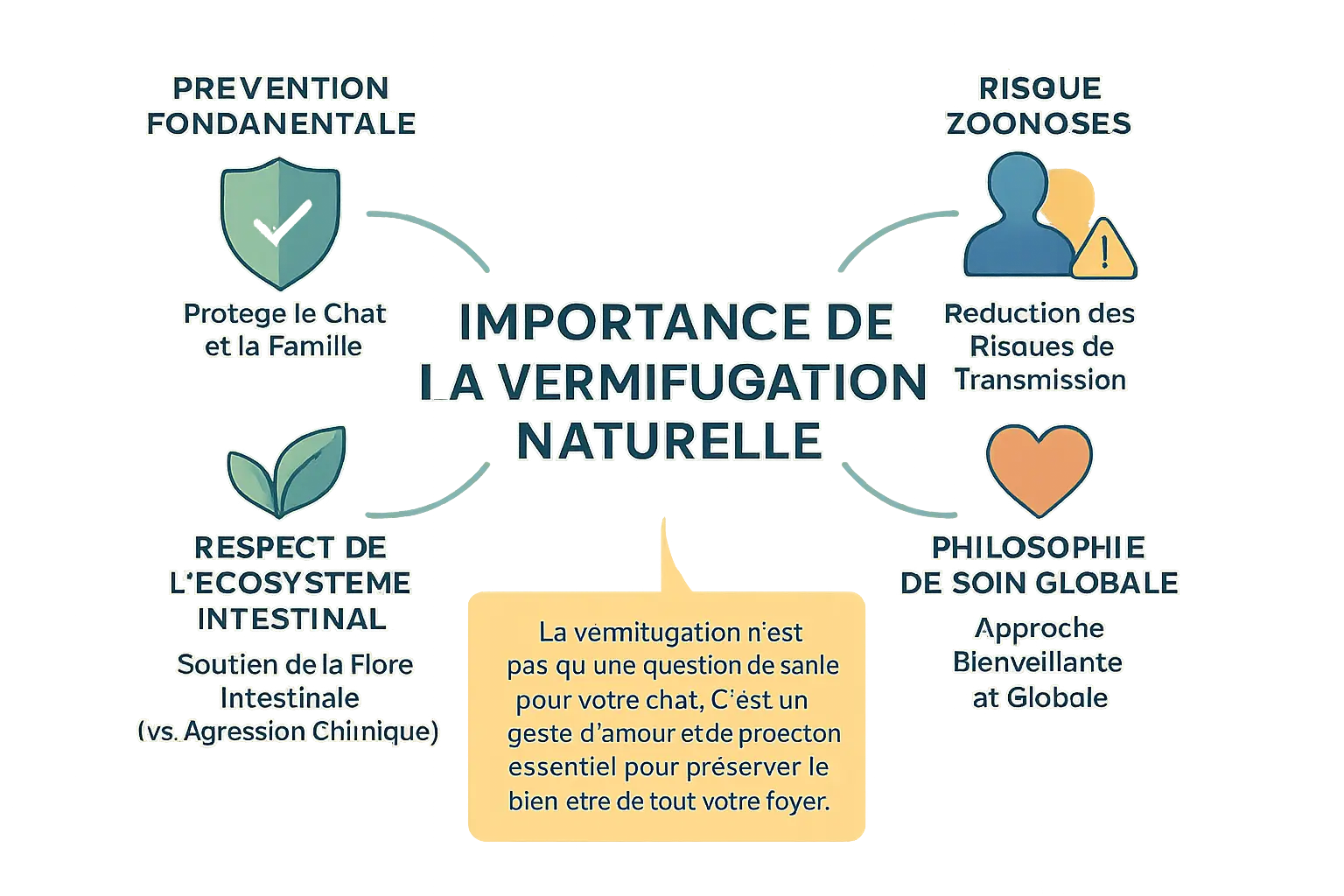 Illustration sur <strong>l&rsquo;importance des vermifuges naturels</strong> pour chats »></p>
<p>J’ai un souvenir marquant d’un chaton adopté, apparemment en pleine santé, qui a soudainement perdu du poids. Après analyse, les vers étaient la cause. Cette expérience m’a rappelé à quel point les parasites, invisibles à l’œil nu, peuvent fragiliser un animal et mettre en péril l’entourage. Car oui, les vers ne menacent pas seulement votre chat : certains, comme le Toxoplasma gondii ou les Toxocara, sont <strong>transmissibles à l’homme</strong>. Une réalité souvent sous-estimée.</p>
<p>Les vermifuges chimiques, bien que efficaces, peuvent <strong>perturber la flore intestinale de votre chat</strong>, clé d’un système immunitaire fort. Selon une <a target=