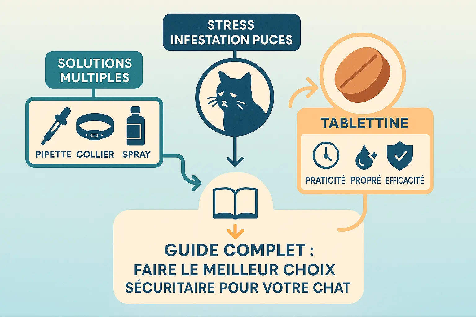 Infographie sur les <strong>comprimés anti-puces pour chats</strong>« ></p>
<p>Les puces, ces minuscules parasites, transforment un chat tranquille en un animal agité, grattant sans cesse. Pour Julien, comme pour de nombreux propriétaires, cette situation génère stress et inquiétude. Heureusement, les <strong>comprimés anti-puces offrent une alternative moderne et efficace</strong> aux pipettes et colliers traditionnels, tout en simplifiant l’administration.</p>
<p>Contrairement aux pipettes, les comprimés agissent de l’intérieur : la substance active, absorbée par le sang, <strong>tue les puces et tiques dès qu’elles mordent</strong>. Par exemple, le Capstar élimine les puces en 8 heures, tandis que le Bravecto protège jusqu’à 12 semaines. Ces produits, disponibles en <a href=