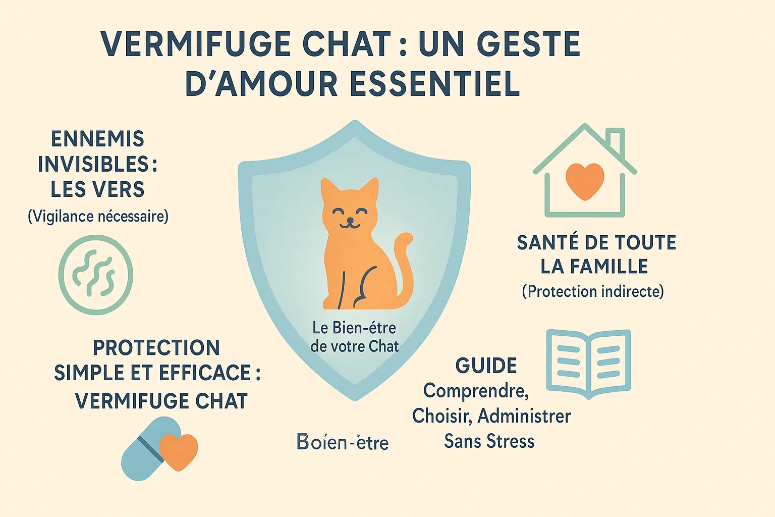 Un chaton <strong>en pleine forme</strong> grâce à une vermifugation régulière » /></p>
<p>Le ronronnement d’un chat en bonne santé masque parfois des dangers invisibles : les vers intestinaux. Ces parasites, comme les ténias ou ascaris, peuvent causer vomissements, diarrhées hémorragiques ou perforations intestinales chez les chats adultes. Chez les chatons, ils provoquent anémie, retards de croissance, voire la mort. Le vermifuge chat est donc <strong>vital pour prévenir ces risques</strong>.</p>
<p>La santé humaine est aussi en jeu. Les vers comme les ascaris peuvent contaminer les enfants, les femmes enceintes ou les personnes fragiles via les œufs présents dans la litière ou sur le pelage. Les conséquences ? <strong>Infections graves</strong> touchant les yeux, le cerveau, ou l’échinococcose, une maladie pouvant affecter le foie et les poumons.</p>
<p>Vermifuger régulièrement son chat, selon son âge et son poids, c’est <strong>protéger son animal et sa famille</strong>. Cet acte de soin renforce son système immunitaire, évite les lésions organiques et limite les risques zoonotiques. Dans ce guide, découvrez les vermifuges disponibles en pharmacie (comprimés, pâtes, pipettes) pour choisir le meilleur traitement et préserver la santé de votre compagnon félin – et la vôtre.</p>
<h2 id=