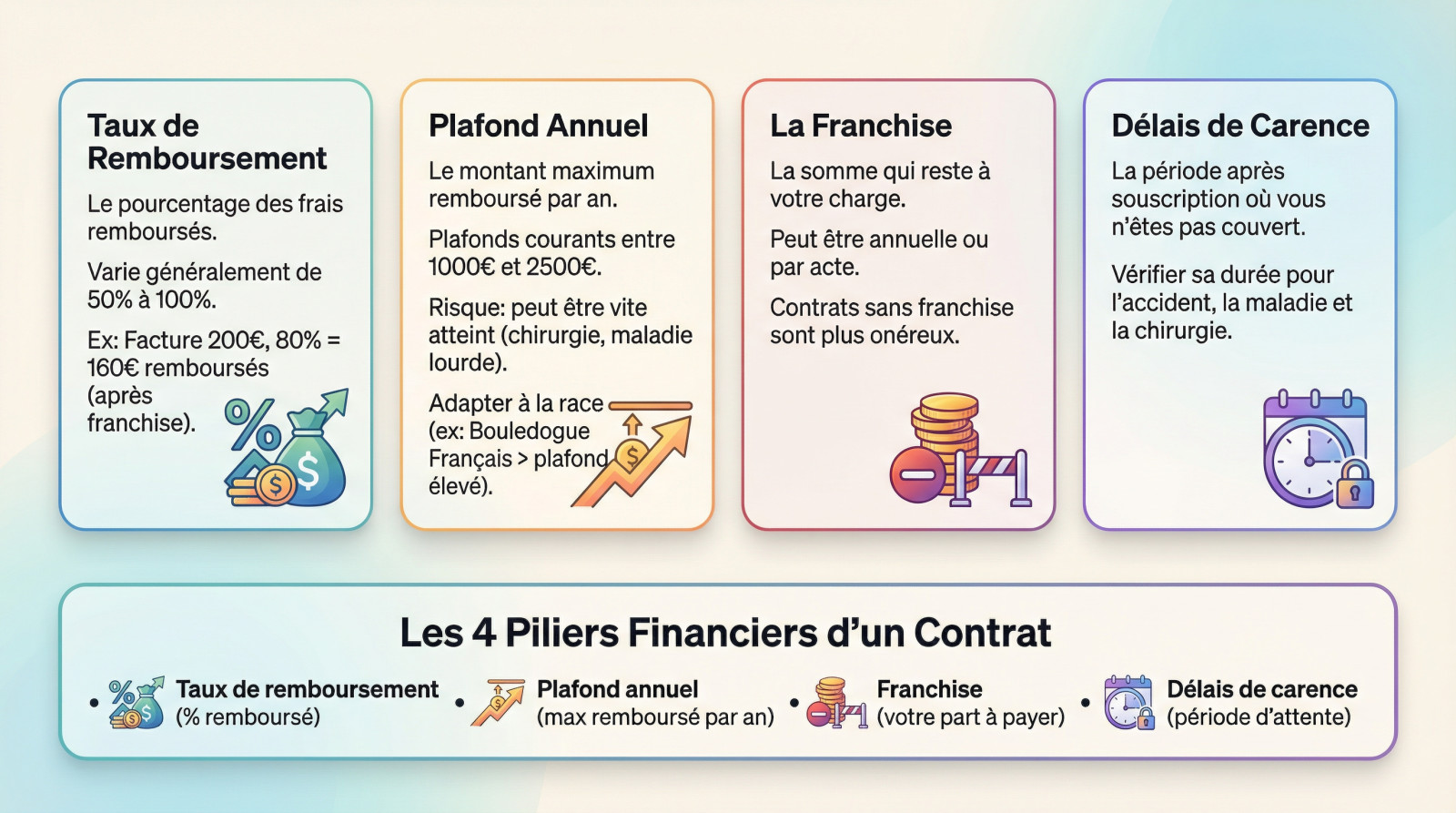 Schéma explicatif des 4 critères financiers essentiels d'une assurance chien : taux, plafond, franchise et carence