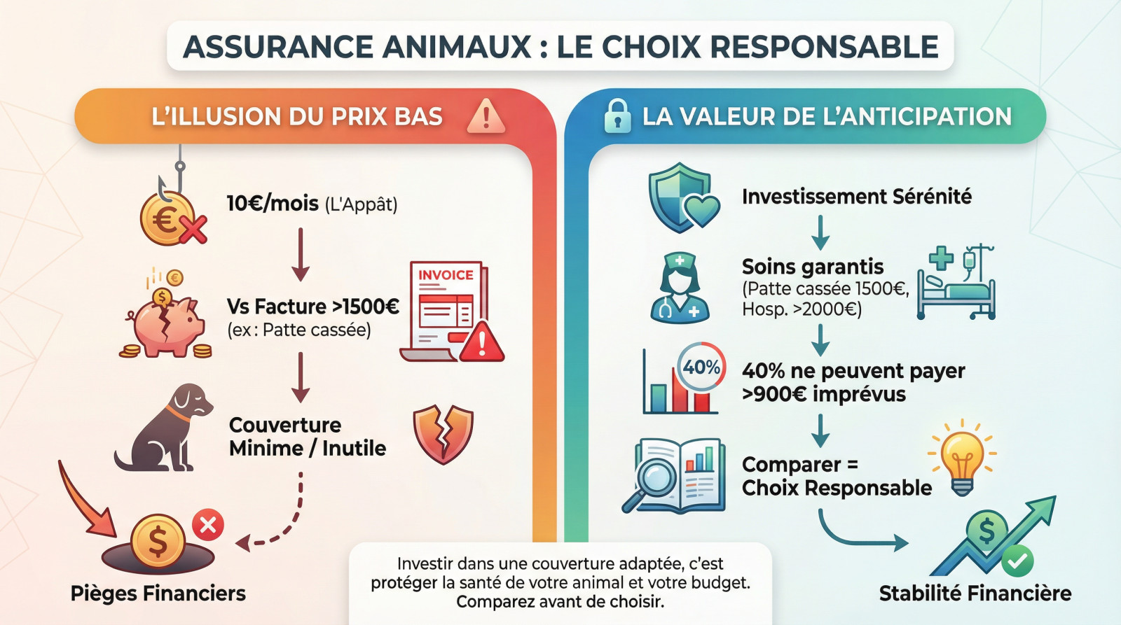 <strong>comparant des offres d&rsquo;assurance pour son chien</strong>« >
</p>
<h3>L&rsquo;illusion des petites mensualités face aux factures salées</h3>
<p>Ne vous laissez pas hypnotiser par un tarif mensuel au ras des pâquerettes, c&rsquo;est souvent un leurre. <strong>La véritable valeur d&rsquo;une couverture se mesure à son impact quand la tuile tombe</strong>, pas quand tout va bien. Une cotisation dérisoire de 10€ ne pèsera rien face à une facture brutale de 1500€.</p>
<p>C&rsquo;est là que comparer les assurances animaux change la donne : vous regardez au-delà de l&rsquo;étiquette prix. Vous comprenez enfin ce que vous achetez réellement, c&rsquo;est-à-dire <strong>une tranquillité d&rsquo;esprit totale</strong>, et non une simple ligne de débit supplémentaire sur votre relevé bancaire.</p>
<p>Bref, le moins cher rime souvent avec une <strong>protection fantôme, totalement inutile</strong> au moment critique.</p>
<h3>Les frais imprévus qui font vraiment mal au portefeuille</h3>
<p>Personne ne se lève le matin en pensant que son chien va se blesser ou tomber malade, pourtant ça arrive sans prévenir. Ces imprévus sont par nature soudains et <strong>leurs coûts peuvent flamber, mettant de nombreux foyers dans une impasse financière redoutable</strong>.</p>
<ul>
<li><strong>Intervention chirurgicale pour une patte cassée</strong> : jusqu&rsquo;à 1500€</li>
<li><strong>Traitement pour une intoxication</strong> : plusieurs centaines d&rsquo;euros</li>
<li><strong>Hospitalisation et soins intensifs</strong> : peut dépasser 2000€</li>
</ul>
<blockquote><p>Près de 40% des propriétaires d&rsquo;animaux avouent ne pas pouvoir faire face à une dépense de santé imprévue de plus de 900 euros pour leur compagnon.</p></blockquote>
<p>C&rsquo;est une <strong>réalité statistique froide</strong>, comme <a href=