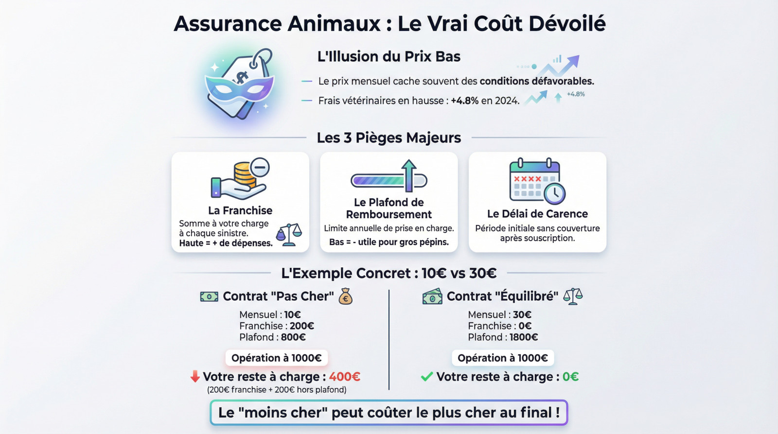 <strong>Analyse des coûts cachés d&rsquo;une assurance pour animaux : comparaison entre franchise et cotisation mensuelle</strong>« ></p>
<h3>Le prix affiché, l&rsquo;arbre qui cache la forêt</h3>
<p>Se focaliser sur le prix mensuel constitue un piège redoutable. Les offres les plus basses cachent souvent des conditions défavorables quand les problèmes surviennent. C&rsquo;est là que <strong>le bât blesse</strong>.</p>
<p>La réalité financière frappe au moment du remboursement. Avec une augmentation des frais vétérinaires de 4,8 % en 2024, la facture peut vite devenir salée. <strong>Le vrai coût de votre assurance se mesure</strong>.</p>
<p>L&rsquo;objectif n&rsquo;est pas le tarif plancher. Il faut viser le <strong>juste équilibre budgétaire</strong>.</p>
<h3>Franchise, plafond, carence : le trio qui fait grimper la note</h3>
<p>La franchise correspond à la somme qui reste toujours à votre charge. Si elle est élevée, votre cotisation baisse, mais <strong>vos dépenses explosent lors d&rsquo;un sinistre</strong>. C&rsquo;est un calcul risqué.</p>
<p>Le plafond de remboursement limite l&rsquo;intervention de l&rsquo;assureur. Un montant trop bas rend le <strong>contrat inutile face aux gros pépins</strong>.</p>
<p>Le délai de carence désigne la période d&rsquo;attente après souscription. Durant ce laps de temps, <strong>votre animal n&rsquo;est pas couvert</strong>.</p>
<h3>Pourquoi un contrat à 10 € peut vous coûter plus cher qu&rsquo;un contrat à 30 €</h3>
<p>Prenons un exemple concret pour illustrer ce mécanisme financier. Imaginez un contrat à 10 € avec 200 € de franchise et un plafond de 800 €. Comparez-le à une offre à 30 € sans franchise, plafonnée à 1800 €. <strong>La différence est flagrante</strong>.</p>
<p>Sur une facture de 1000 €, la première option laisse 400 € à payer. La seconde règle tout, amortissant l&rsquo;<a href=