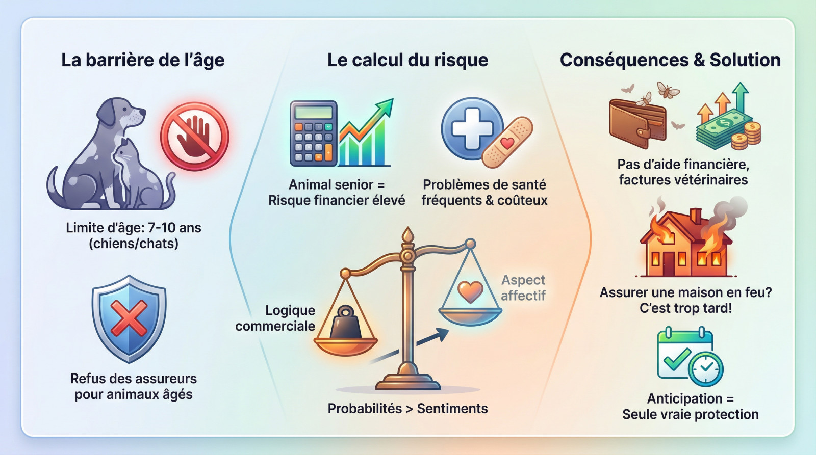 <strong>difficulté d&rsquo;assurer un animal senior</strong>« ></p>
<h3>La barrière de l&rsquo;âge : le premier mur</h3>
<p>La plupart des assureurs <strong>refusent catégoriquement de couvrir un animal au-delà d&rsquo;un certain âge</strong>. Cette limite stricte se situe souvent entre 7 et 10 ans pour les chiens et les chats.</p>
<p>Cette politique est une douche froide pour de nombreux propriétaires qui n&rsquo;ont pas anticipé. Passé ce cap fatidique, <strong>trouver une nouvelle assurance devient une mission quasi impossible</strong>, laissant le propriétaire seul face aux futures dépenses.</p>
<p>C&rsquo;est une <strong>réalité du marché</strong> qu&rsquo;il faut connaître pour ne pas être pris au dépourvu.</p>
<h3>Le calcul du risque : la logique froide des assureurs</h3>
<p>Pour un assureur, un animal senior est un <strong>risque financier élevé</strong>. Les problèmes de santé sont plus fréquents et plus coûteux, ce qui rend l&rsquo;équation économique compliquée.</p>
<p>C&rsquo;est un pur calcul de probabilité. Plus l&rsquo;animal est âgé, plus la <strong>probabilité de « sinistre » augmente mécaniquement</strong>.</p>
<p>Même si c&rsquo;est frustrant, c&rsquo;est <strong>la logique commerciale qui prévaut</strong> sur l&rsquo;aspect affectif.</p>
<h3>Les conséquences concrètes d&rsquo;une souscription tardive</h3>
<p>Le principal risque est de <strong>se retrouver sans aucune aide financière</strong> quand les factures vétérinaires commencent à grimper.</p>
<blockquote><p>Attendre que les premiers signes de vieillesse apparaissent pour chercher une assurance, c&rsquo;est comme essayer d&rsquo;assurer une maison alors que le toit est déjà en feu.</p></blockquote>
<p>L&rsquo;assurance animaux vieillissement est une question qui se règle en amont, pas dans l&rsquo;urgence. <strong>L&rsquo;anticipation est la seule vraie protection</strong>.</p>
<h2 id=