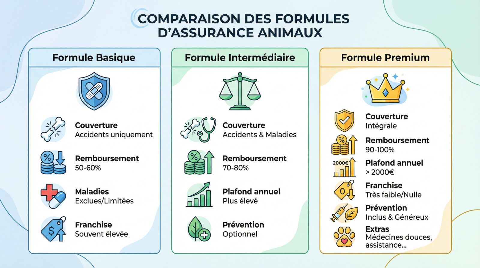 Tableau comparatif des niveaux de garantie assurance animaux : basique, intermédiaire et premium