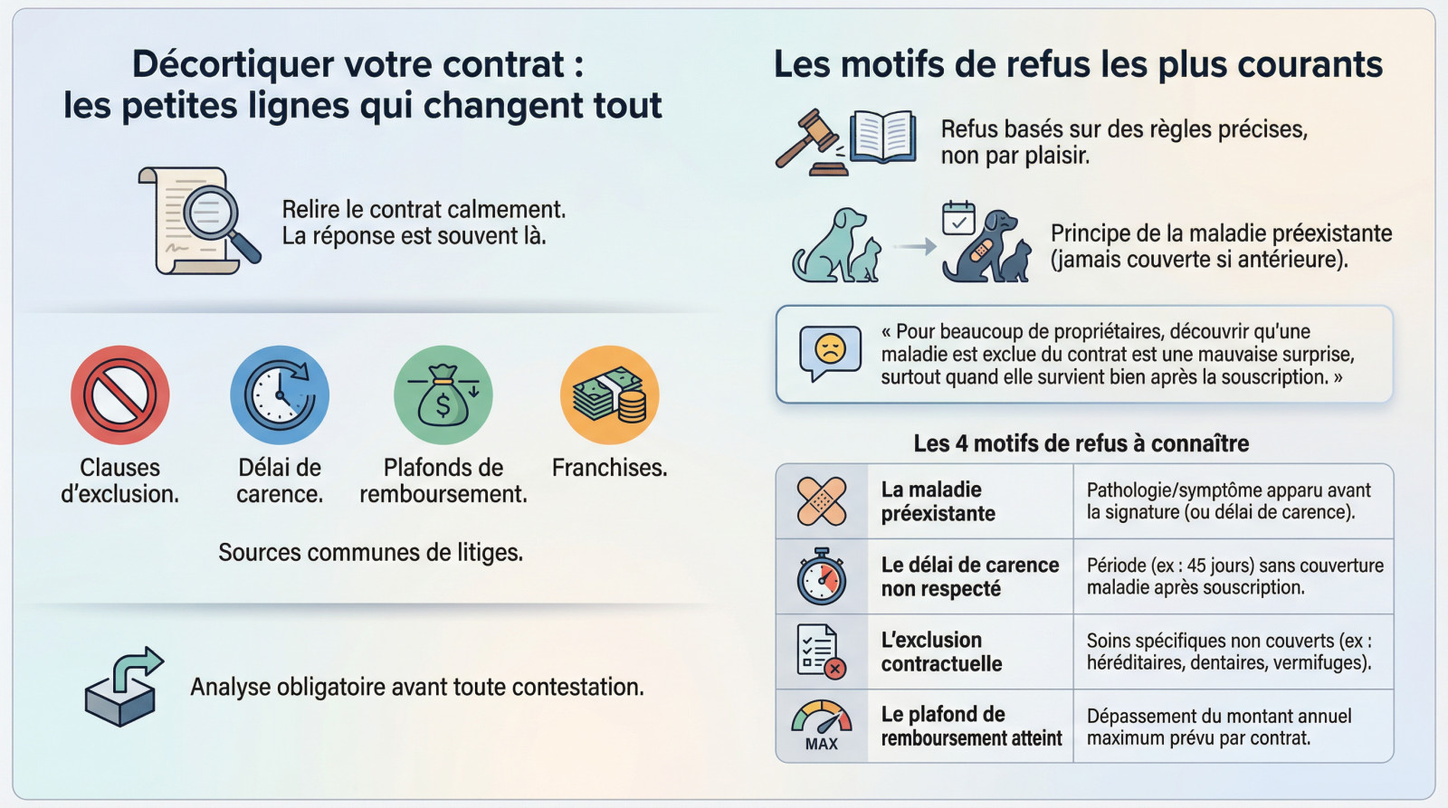<strong>Propriétaire analysant les clauses d&rsquo;exclusion</strong>« ></p>
<h3>Décortiquer votre contrat : les petites lignes qui changent tout</h3>
<p>C&rsquo;est la douche froide. Je sais, c&rsquo;est rageant. Pourtant, la réponse se cache souvent noir sur blanc dans votre contrat. <strong>Relisez-le à tête reposée</strong>, c&rsquo;est la seule façon d&rsquo;avancer.</p>
<p>Allez direct à l&rsquo;essentiel. Scannez le document pour trouver les clauses d&rsquo;exclusion, le fameux délai de carence, vos plafonds de remboursement et les franchises. C&rsquo;est là que ça coince généralement. Ce sont les <strong>sources majeures de litiges</strong>.</p>
<p>Cette relecture est votre point de départ obligatoire. Sans cette analyse lucide, <strong>toute contestation est malheureusement vouée à l&rsquo;échec</strong>.</p>
<h3>Les motifs de refus les plus courants</h3>
<p>Non, l&rsquo;assureur ne refuse pas par plaisir sadique. Il s&rsquo;appuie sur des règles strictes. Voici un récapitulatif des <strong>raisons fréquentes justifiant un refus de remboursement</strong>.</p>
<p>Une urgence comme une <a href=