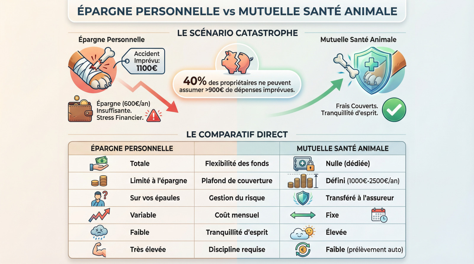 <strong>Comparatif financier entre épargne de précaution et mutuelle</strong> » width= »100% »>
</p>
<h3>Le scénario catastrophe : quand l&rsquo;imprévu frappe à la porte</h3>
<p>Imaginez une fracture soudaine lors d&rsquo;une promenade, c&rsquo;est brutal. <strong>Les frais vétérinaires, entre la chirurgie et les soins, grimpent immédiatement</strong>.</p>
<p>Vous épargnez 50€ par mois ? Cela fait 600€ par an. Mais un accident à 1100€ vide votre réserve. Comme <a href=
