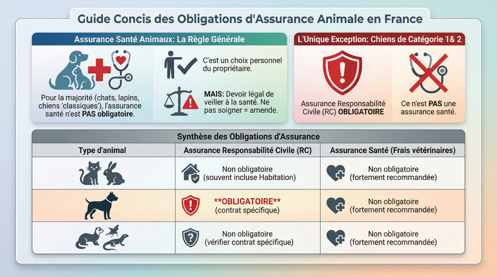 Tableau récapitulatif des obligations d'assurance pour chiens et chats en France