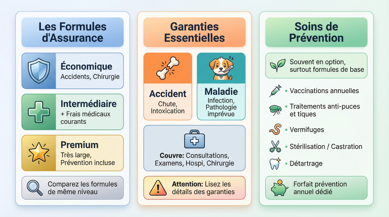 Infographie détaillant les éléments clés d'un devis d'assurance pour animaux : formules, garanties et prévention