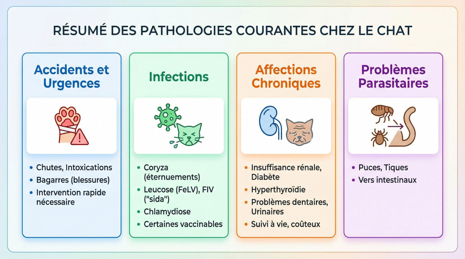 <strong>Infographie détaillant les pathologies félines courantes</strong> » width= »100% »>
</p>
<h3>Les accidents et pépins du quotidien</h3>
<p>Même le chat prudent court des risques. Dehors, les accidents de la voie publique et les bagarres territoriales finissent souvent en <strong>traumas sévères ou en abcès</strong>. En appartement, ne sous-estimez pas les chutes de balcons, fréquentes et dangereuses.</p>
<p>À l&rsquo;intérieur, plantes toxiques ou produits ménagers provoquent des empoisonnements redoutables. Ces urgences vitales coûtent cher. Vous devez impérativement <a href=