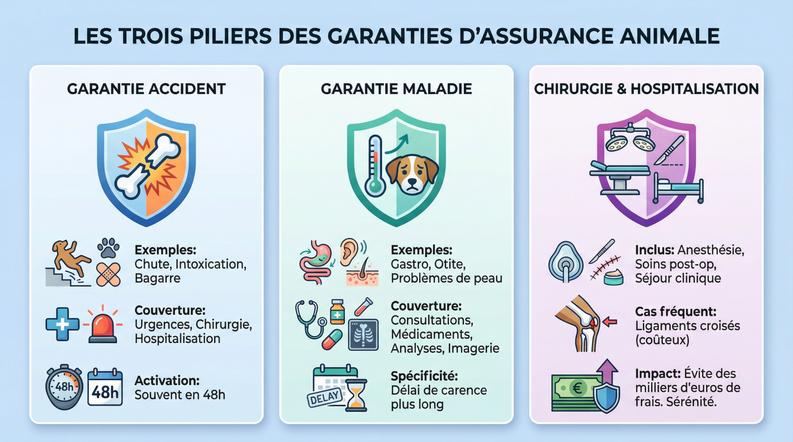 Schéma illustrant les trois piliers des garanties d'assurance pour animaux : accident, maladie et prévention