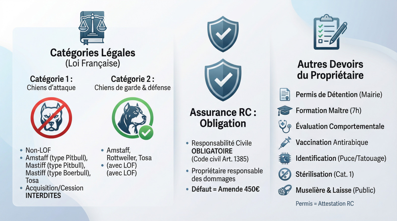 Récapitulatif des obligations légales pour les propriétaires de chiens de catégorie 1 et 2