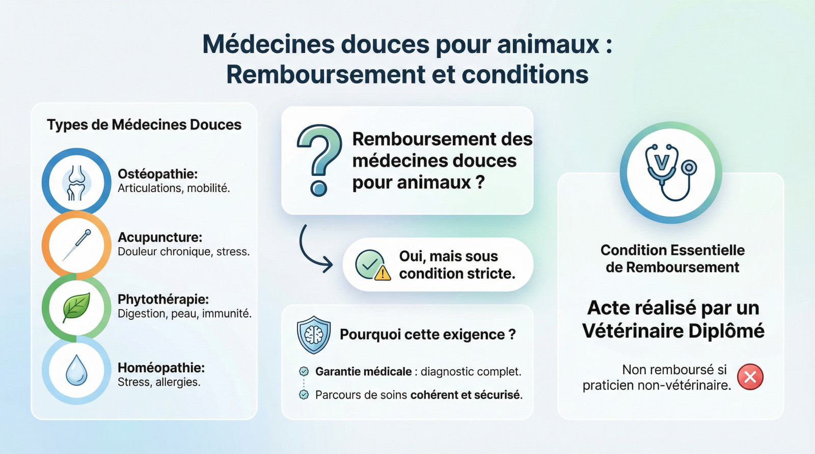 <strong>soin d&rsquo;ostéopathie vétérinaire remboursé</strong>« >
</p>
<h3>Quelles sont les médecines alternatives concernées ?</h3>
<p>Oubliez l&rsquo;idée que ces soins sont de simples modes passagères. Ils constituent aujourd&rsquo;hui de <strong>véritables compléments thérapeutiques</strong>.</p>
<ul>
<li><strong>Ostéopathie</strong> : Cible les troubles articulaires, les douleurs post-traumatiques ou l&rsquo;arthrose. C&rsquo;est une approche manuelle qui vise à redonner de la mobilité.</li>
<li><strong>Acupuncture</strong> : Utilise des aiguilles pour stimuler des points précis et gérer la douleur chronique, le stress ou certains troubles neurologiques.</li>
<li><strong>Phytothérapie</strong> : Le soin par les plantes, utile pour des problèmes digestifs, cutanés ou pour renforcer le système immunitaire.</li>
<li><strong>Homéopathie</strong> : Une approche qui peut accompagner la gestion du stress ou des allergies, toujours en complément d&rsquo;un suivi vétérinaire.</li>
</ul>
<h3>La règle d&rsquo;or pour une prise en charge par votre assurance</h3>
<p>La réponse concernant le remboursement est positive, pourtant <strong>un piège subsiste</strong>. Cette condition reste la plus déterminante de votre contrat. La majorité des assurances acceptent de couvrir la facture, mais pas n&rsquo;importe comment ni à l&rsquo;aveugle.</p>
<p>Voici la clause qui fâche : l&rsquo;acte doit être impérativement réalisé par un vétérinaire diplômé. Un ostéopathe animalier non-vétérinaire, même très compétent, <strong>ne sera pas remboursé</strong>. C&rsquo;est un point de blocage strict et non négociable pour les assureurs comme SantéVet.</p>
<h3>Pourquoi cette exigence du praticien vétérinaire ?</h3>
<p>C&rsquo;est avant tout une question de garantie médicale. Le vétérinaire reste le seul apte à poser un <strong>diagnostic fiable et vérifier que la médecine douce ne masque pas une pathologie plus grave</strong>.</p>
<blockquote><p>Pour une assurance, un soin alternatif n&rsquo;est pas un acte isolé. Il doit s&rsquo;inscrire dans un parcours de soins cohérent et sécurisé, validé par un diagnostic vétérinaire.</p></blockquote>
<h2 id=