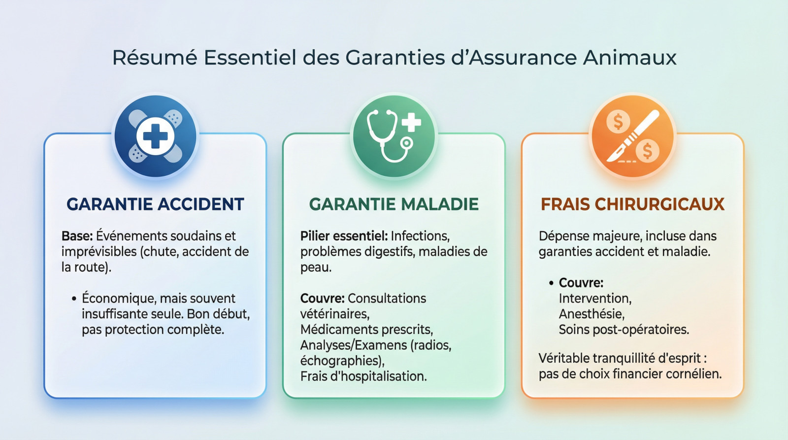 <strong>Résumé visuel des garanties essentielles d&rsquo;une assurance pour animaux</strong>« ></p>
<h3>La couverture « accident » : le minimum vital</h3>
<p>La <strong>garantie accident constitue la base absolue</strong>. Elle couvre uniquement les événements soudains et imprévisibles qui frappent sans prévenir. Pensez à une chute du balcon, une blessure ouverte en jouant ou un accident de la route.</p>
<p>C&rsquo;est souvent l&rsquo;offre la plus économique proposée par les assureurs. Si elle rassure pour les petits « bobos » traumatiques, elle <strong>se révèle vite insuffisante seule face aux vrais problèmes de santé internes</strong>.</p>
<p>C&rsquo;est un bon début pour les petits budgets, mais <strong>pas une protection complète</strong>.</p>
<h3>La garantie « maladie » : le complément indispensable</h3>
<p>La garantie maladie est le <strong>véritable pilier des garanties essentielles mutuelle animaux</strong>. Elle prend le relais pour tout ce qui n&rsquo;est pas accidentel : les infections, les problèmes digestifs chroniques ou les maladies de peau.</p>
<p>C&rsquo;est cette <strong>couverture qui fait face aux dépenses vétérinaires</strong> les plus fréquentes et les plus imprévisibles.</p>
<ul>
<li>Les <strong>honoraires du vétérinaire (consultations)</strong></li>
<li><strong>médicaments prescrits sur ordonnance</strong></li>
<li><strong>Les analyses de laboratoire (sang, urine) et examens (radios, échographies)</strong></li>
<li><strong>Les frais d&rsquo;hospitalisation</strong> de votre compagnon</li>
</ul>
<h3>Les frais chirurgicaux : le cœur de la protection</h3>
<p>Les frais chirurgicaux sont souvent la <strong>dépense la plus redoutée par les propriétaires</strong>. C&rsquo;est le poste de coût qui peut s&rsquo;envoler le plus vite et mettre un budget en péril.</p>
<p>Cette prise en charge est heureusement incluse dans les garanties accident et maladie. Elle <strong>couvre l&rsquo;intervention elle-même</strong>, mais aussi l&rsquo;anesthésie et les soins post-opératoires nécessaires.</p>
<blockquote><p>Savoir que l&rsquo;opération qui sauvera votre compagnon est prise en charge, sans avoir à faire un choix cornélien financier, c&rsquo;est la véritable tranquillité d&rsquo;esprit.</p></blockquote>
<h2 id=